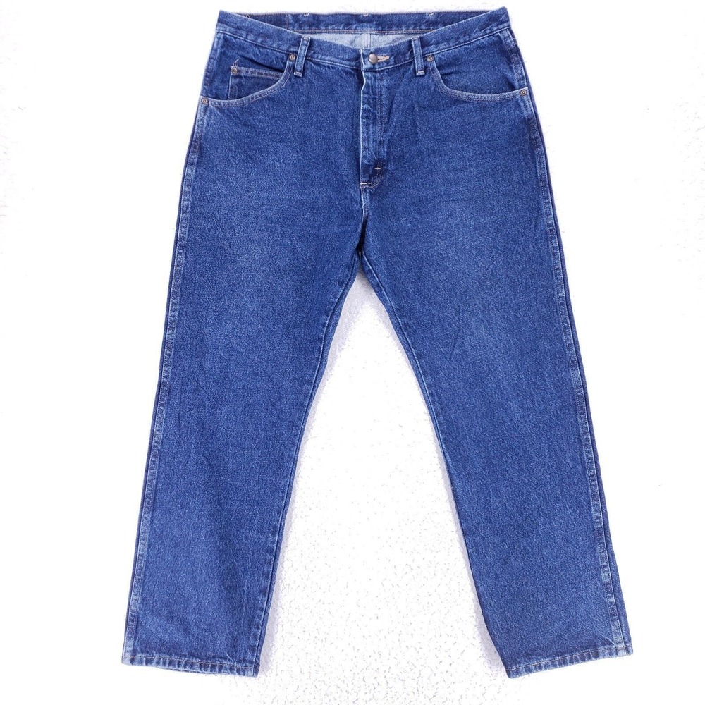 Wrangler Jeans Denim Cotton Men SZ 38x30 Blue Straight Stretch VTG Mid Rise Slim